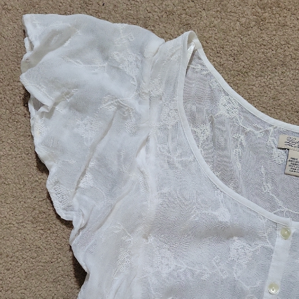 Lucky Brand Cream Lace Blouse with Flutter Sleeves Delicate Embroidery - Picture 7 of 8